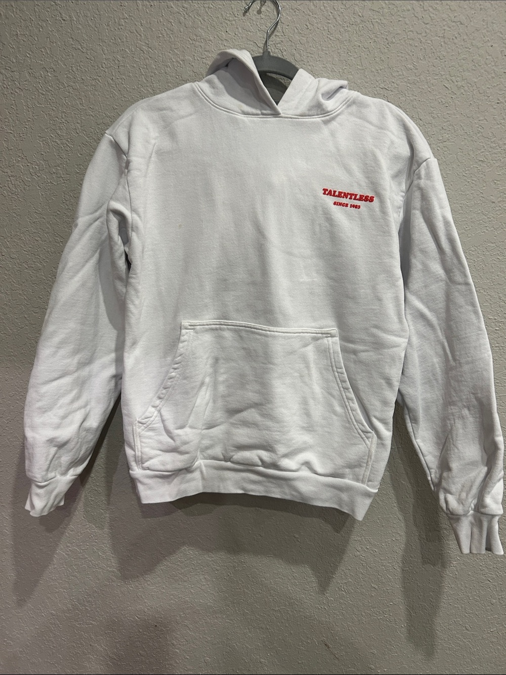 TALENTLESS White Hoodie with Red Logo Crewneck